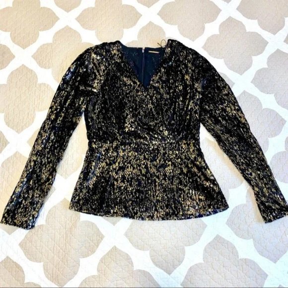 NWT Elie Tahari Black Gold V Faux Wrap Velvet Fuzzy Peplum Blouse Size 2 $365 a1 - Picture 3 of 12